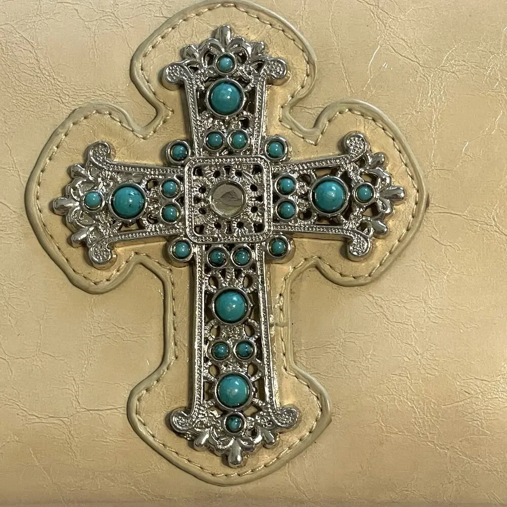 Cream Wallet with Turquoise & Silver Tone Cross